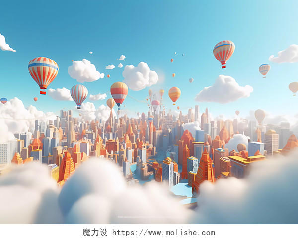 科技城市未来感城市建筑3D建模热气球飞跃城市场景